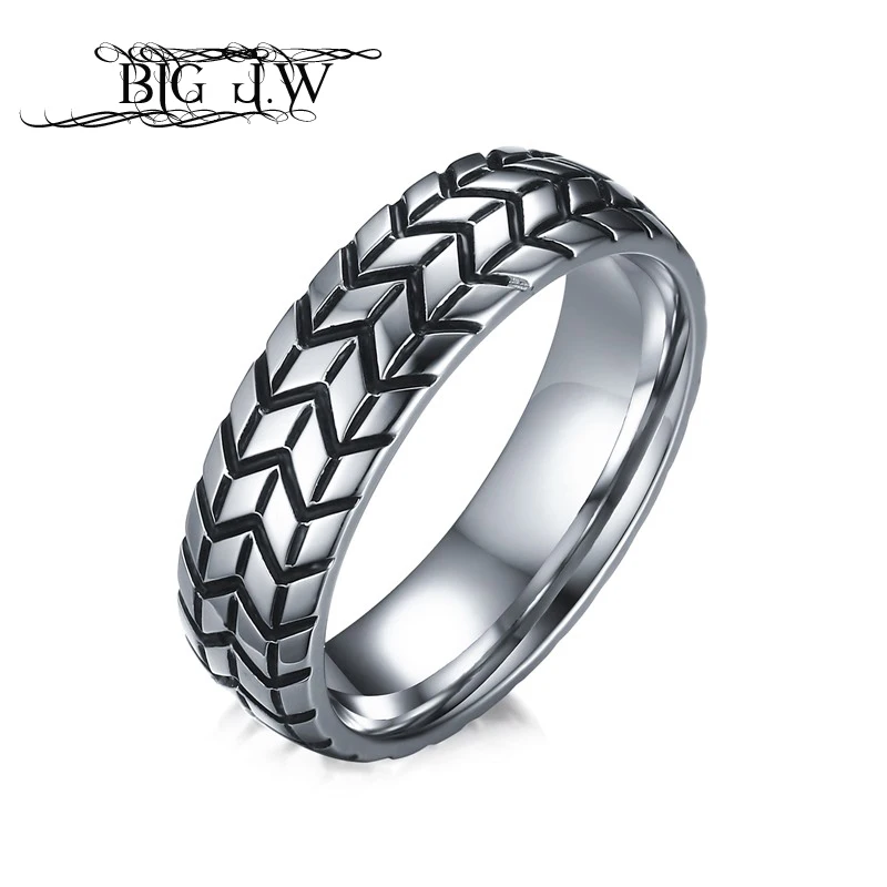 BIG J.W Unique Tire Tread Style Grooved Ring Statement Stainless Steel Men Rings Women Silver Color Punk Boy Jewelry | Украшения и