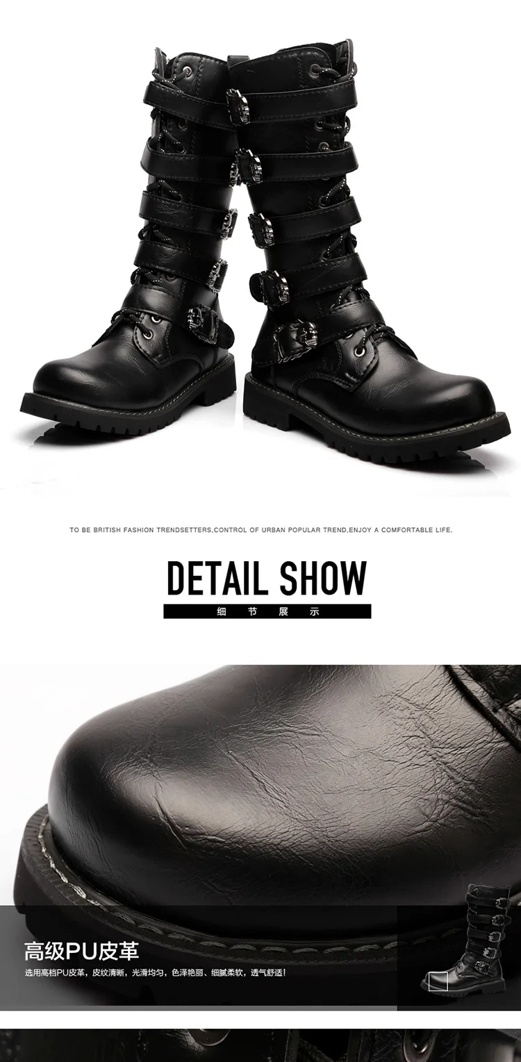Мужские ботинки до середины икры в стиле панк-рок; цвет черный, готический; большие размеры; британская ковбойская обувь с ремнем и пряжкой; армейские ботинки из искусственной кожи; большие размеры; A877