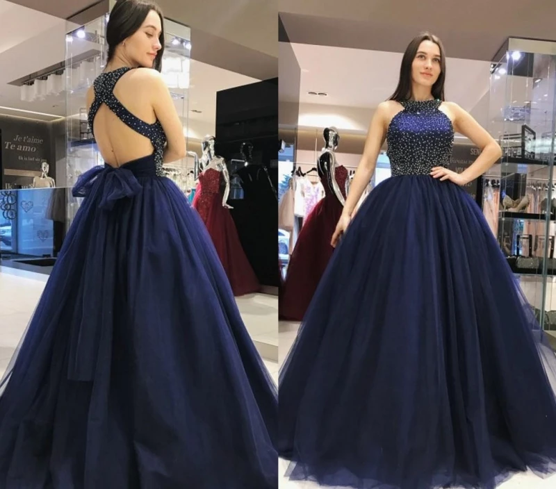 

Navy Blue A Line Tulle Prom Dress Halter Criss Cross Straps Back Beaded Floor Length Prom Gowns Evening Dress vestidos de noiva