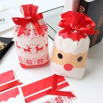 

100pcs Christmas Gift Bag with Ribbon Closure, Santa Elk Drawstring Pouch
