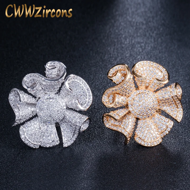 

CWWZircons Luxury Cubic Zirconia Micro Pave Yellow Gold and Silver Color Big Geometric Flower Engagement Rings for Women R120