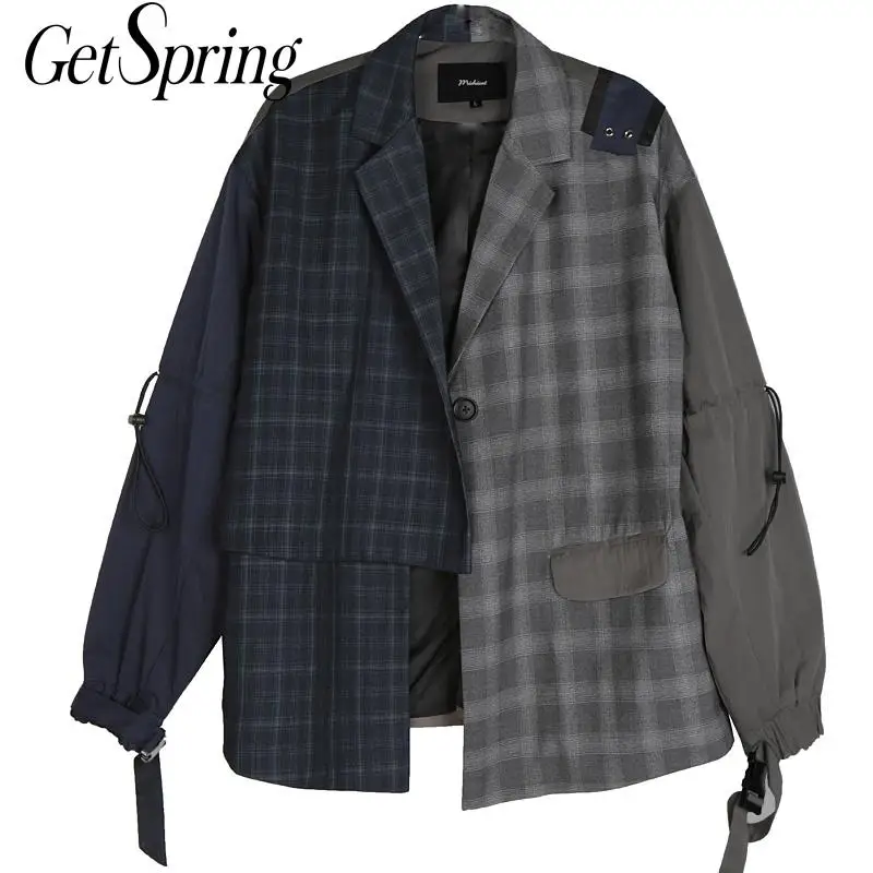 

GETSRING Women Blazer Patchwork Long Sleeve Plaid Blazer Single Button Irregular Long Blazer Fashion Loose Woman Jacket Autumn