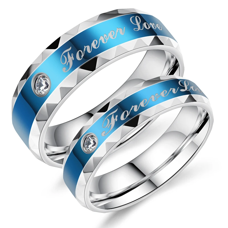 Titanium Steel Couple Promise Wedding Women Ring Set Men Blue Color