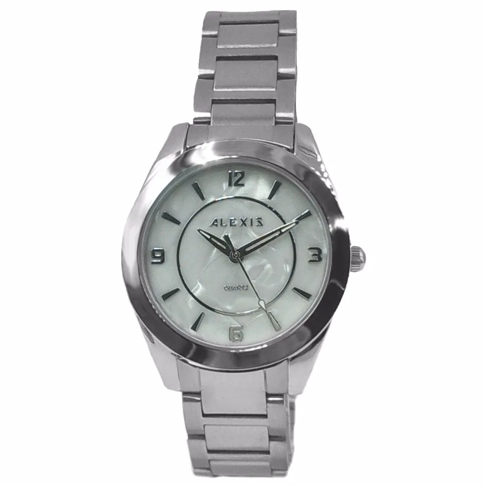 

Alexis Unisex Analog Quartz Round Watch Japan Miyota Movement Shiny Silver Stainless Steel Band White Dial Water Resistant