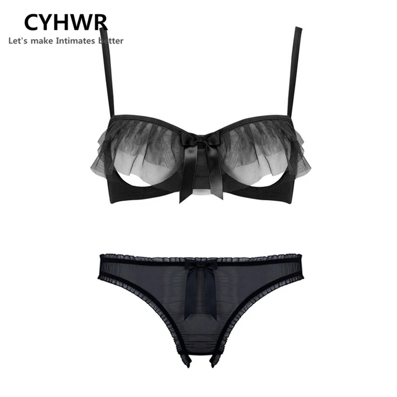 

CYHWR New sexy flounce transparent breathable mesh Bra Sets Ultra-thin panties for women Underwear set
