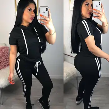

2019 Casaul Tracksuit Women 2 Piece Set Hooded Top Pencil Pants Fashion Striped Patchwork Two Piece Sporting Outfit