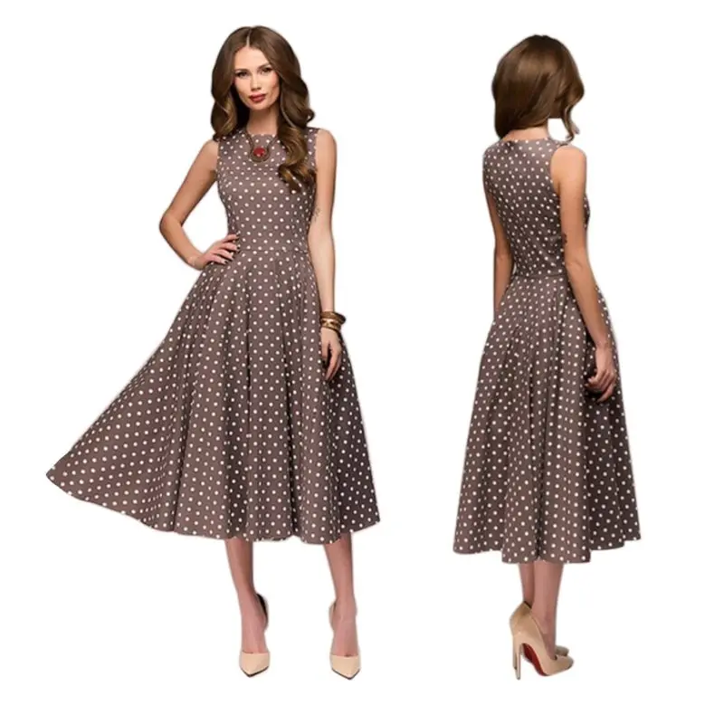 

Vintage Polka Dot Printed Sleeveless Swing A-Line Midi Dress Country Style Mid Empire Waist O-Neck Pleated Womens Summer