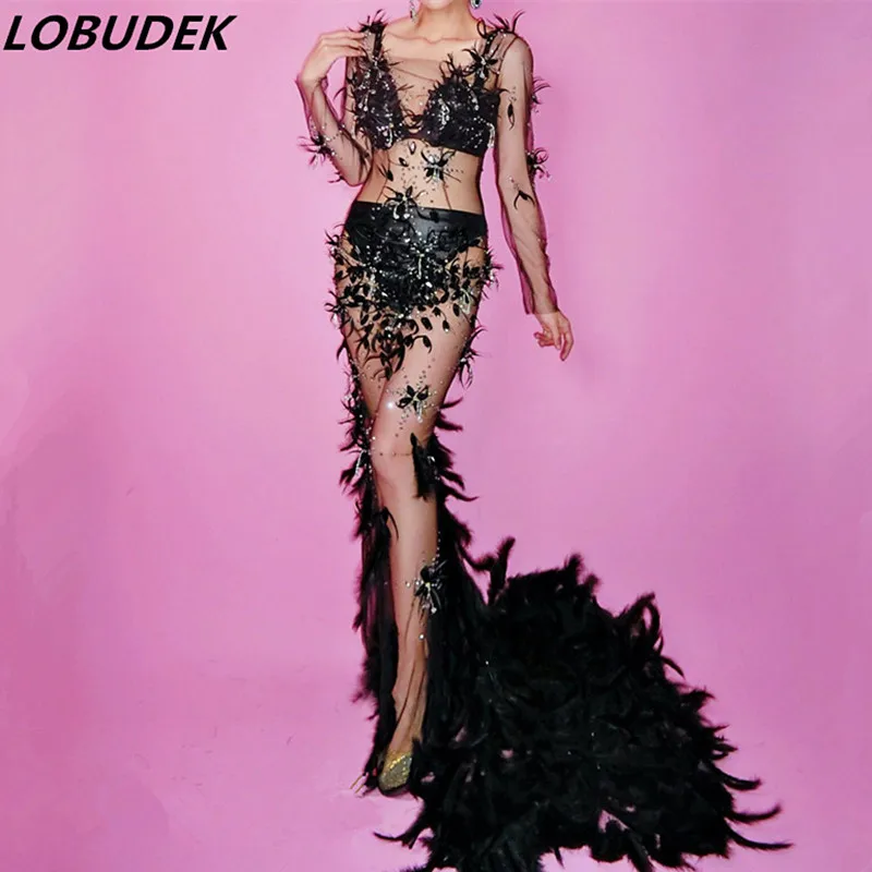 

Flash Rhinestones Black Feather Perspective Fishtail Long Dress Star Party Celebration Dress Model Catwalk Performance One Piece