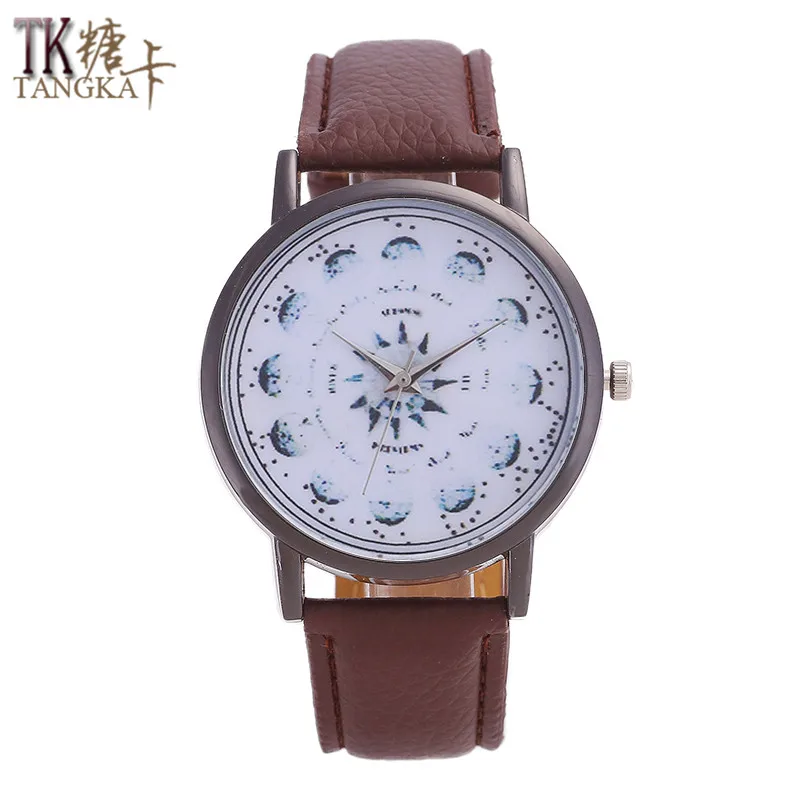 

TANGKA high quality new men's ladies leather watch clock snowflake steel ring pointer dial solid color fashion student watch