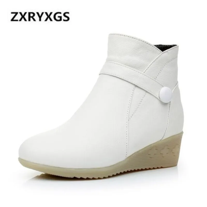 

2023 New Winter Boots Women Shoes White Black Top Cowhide Leather Boots Wedges Non-slip Comfortable Warm Women Boots Snow Shoes