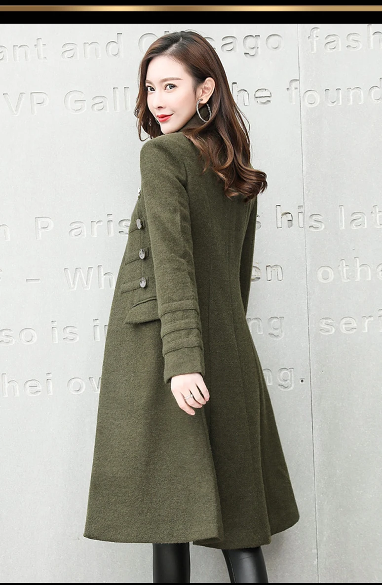 Осень-зима, модное женское пальто, большой размер 2XL, шерстяное пальто средней длины, двубортное, женское, приталенное, стоячий воротник, верхняя одежда O269