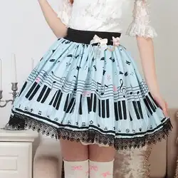 Пианино клавиатура печатных юбки Для женщин цвет небесно-синий сладкий онлайн юбки Лолита супер Милые юбки horpsichord плиссированные кружева