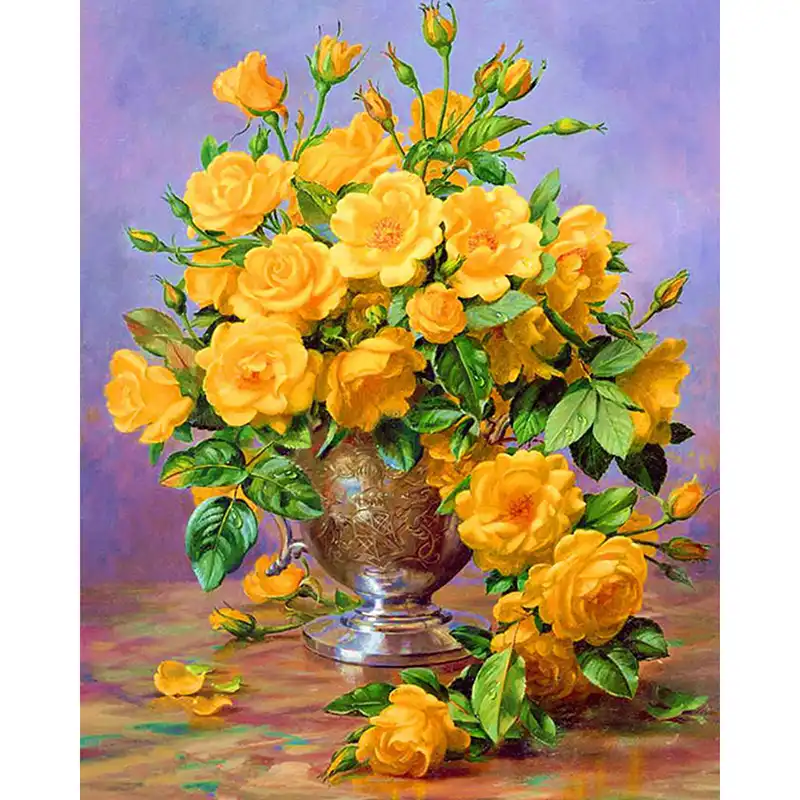 5d Diy Diamond Painting Cross Stitch Yellow Rose Vase Full Drill