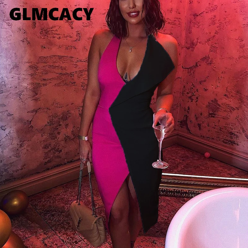 

Women Summer Color Block Blazer Dress Irregular Design Sleeveless Patchwork Dress Sexy Slit Party Evening Vestidos