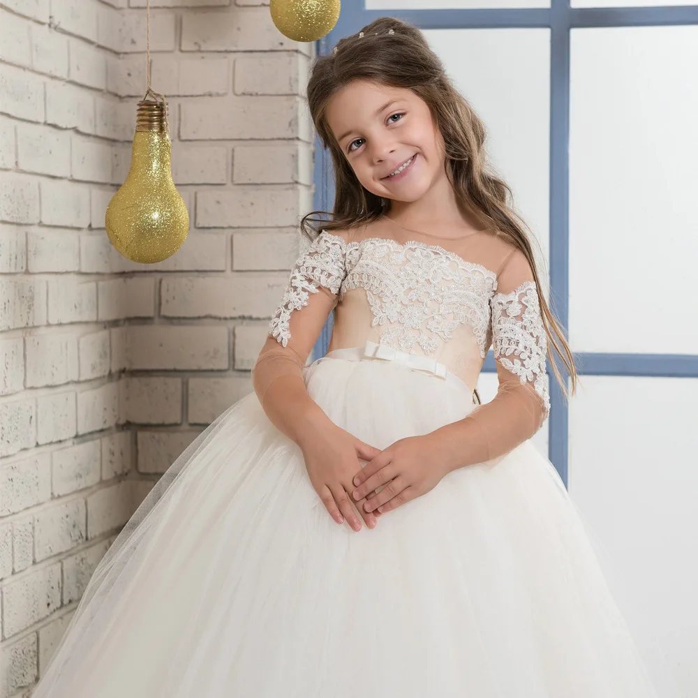 

2018 Flower Girl Dresses Scoop Half Sleeves Long Satin Tulle Ball Gown Kids Wedding Party Dresses First Communion Dresses