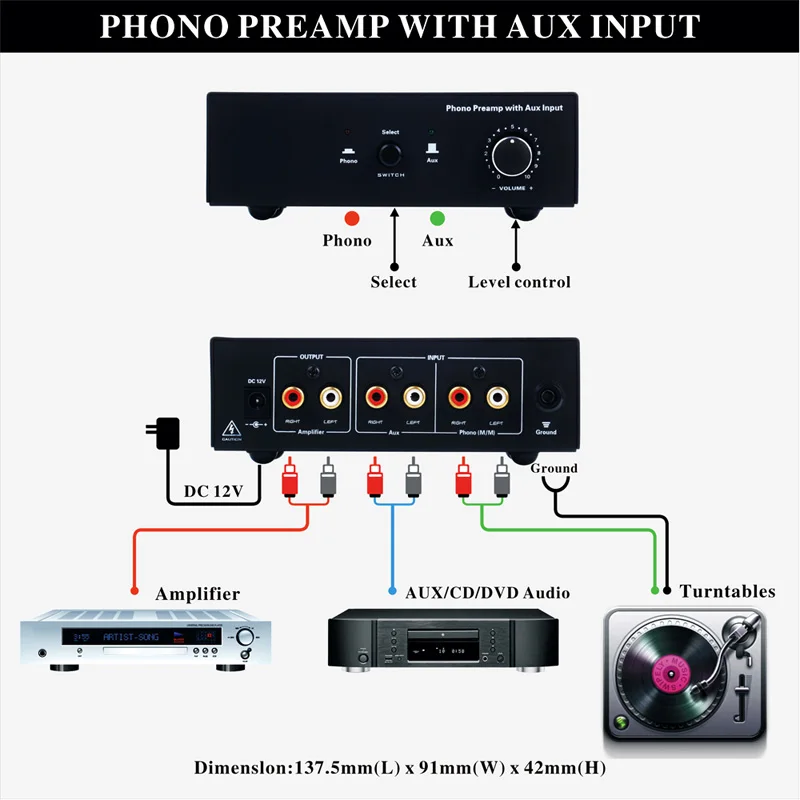 

Phono Turntable Preamp Signal Amplifier Prephonograph with Auxiliary Input Volume Control OD889