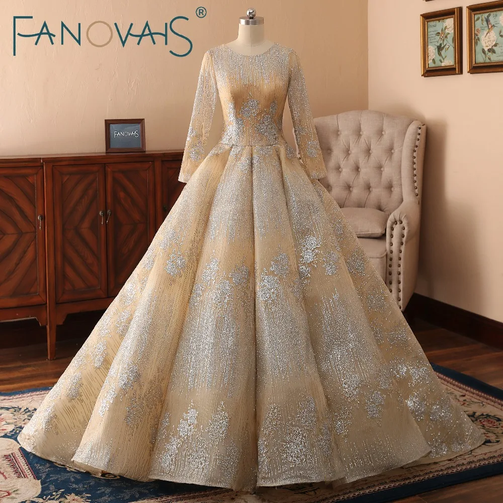 

Gold Wedding Dresses Long Sleeves Ball Gowns Vestido de Novia Luxury Glitter Wedding Dress Robe de Soiree 2019 Bridal Gowns