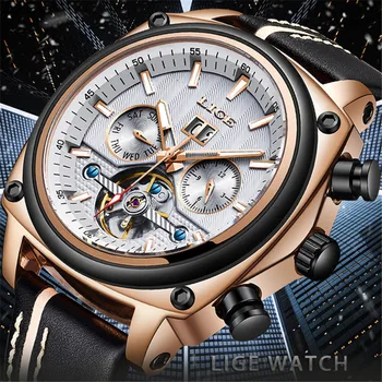 

LIGE New Top Brand Automatic Mechanical Men Watch Tourbillon Sport Clock Leather Casual Business Retro Wristwatch Relojes Hombre