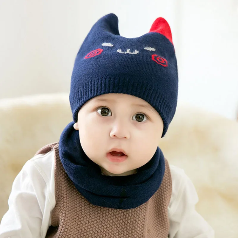 2 шт./компл. вязаная шапочка для малыша, детская зимняя шапка, шарф для новорожденных шляпы для мальчиков и девочек, теплые шапки с кошачьими ушками, Детская шляпка, шапочка для детей 0-18 месяцев