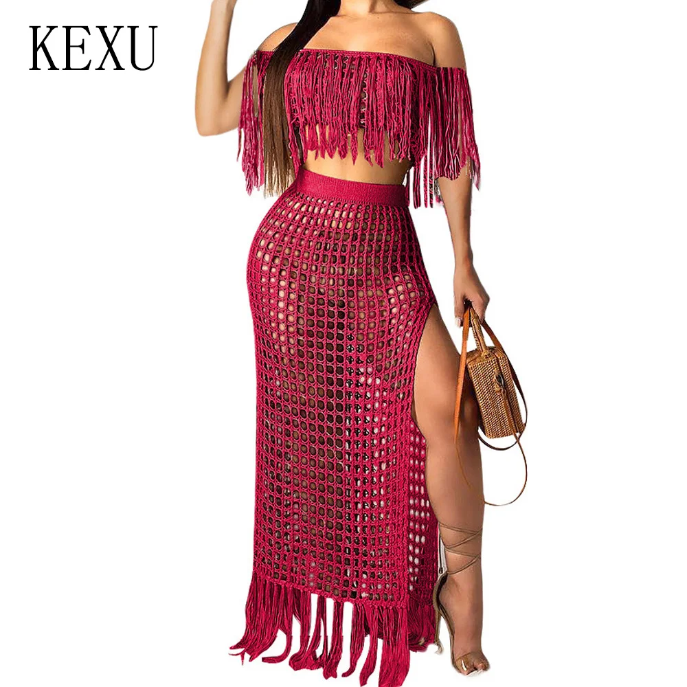 KEXU Summer Hollow Out Fashion Grid Tassel Perspective Two-piece Dress Elegant Off Shoulder Knitting Crochet Beach Party Dress KEXU Summer Hollow Out Fashion Grid Tassel Perspective Two-piece Dress Elegant Off Shoulder Knitting Crochet Beach Party Dress