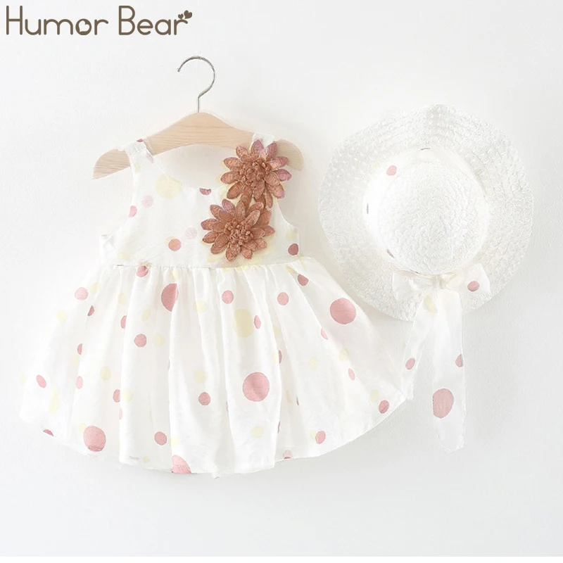 Humor bear/Одежда для маленьких девочек Новинка года; одежда для малышей летнее платье в горошек без рукавов для маленьких девочек+ шляпа; платье принцессы Детские платья