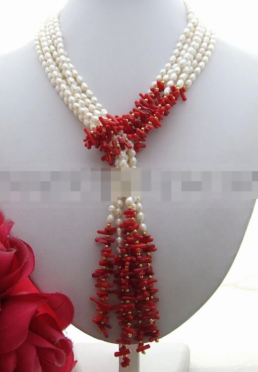 

Jew2417 3Strds 50" White Pearl&Coral Necklace