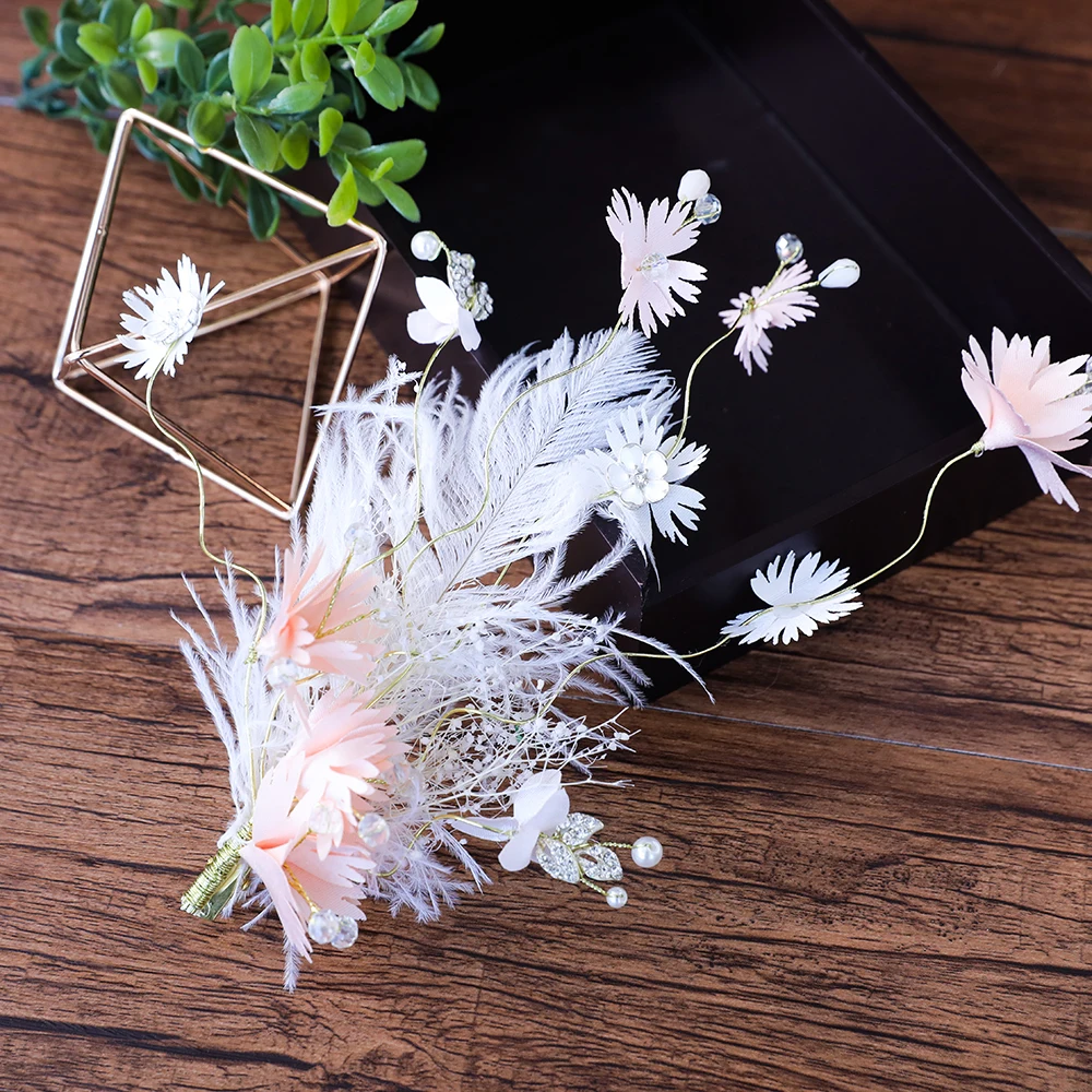 Pink Flower Artificial Feather Hair Clips Princess Bridal Wedding