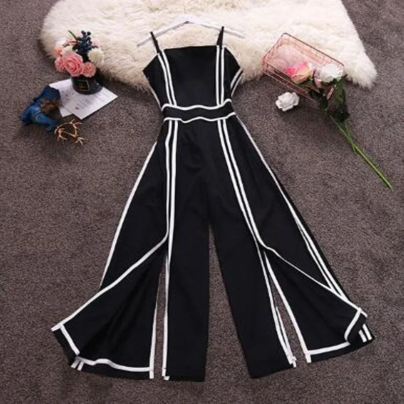 

Women Striped High Waist Wide Leg Patchwork Strap Chiffon Jumpsuits Summer Split Rompers Women Rompers And Jumpsuites 2019