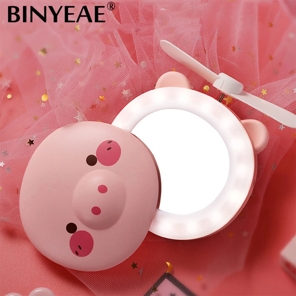 

LED light Piglet Makeup Mirror Pocket Fan USB Charging Mini Portable Handheld Fan