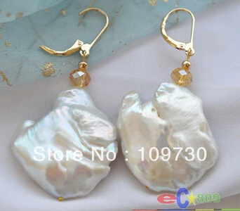 

Bridal jewelry free shipping hot sell 32mm WHITE BAROQUE KESHI REBORN PEARL DANGLE EARRING