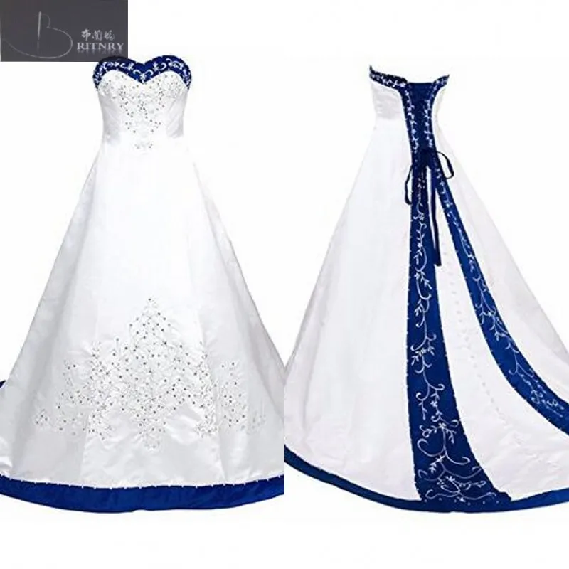 

Vintage Sweetheart A Line Wedding Dress 2018 Embroidery White and Blue Satin Vintage Wedding Dress M170717-2
