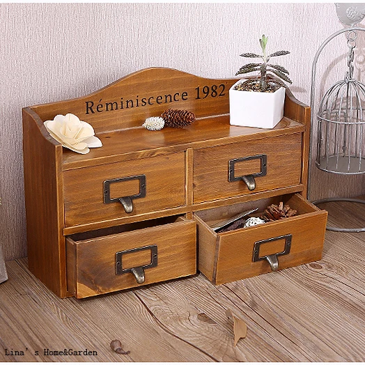 4 Drawers Vintage Solid Wood Antique Tabletop Living Room