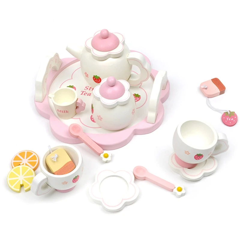  Children's Pretend Tea Set Kids Toys For Play Simulate Strawberry Wooden Pink Tea Set Baby Early Ed