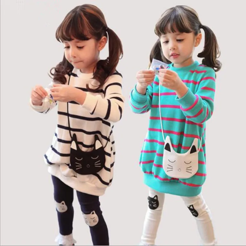 

2018 Brand Spring Autumn Girls Cotton Cartoon Cat Stripe Long Sleeve Sweatshirts Dress + Leggings Kid School Cute Clothes Set
