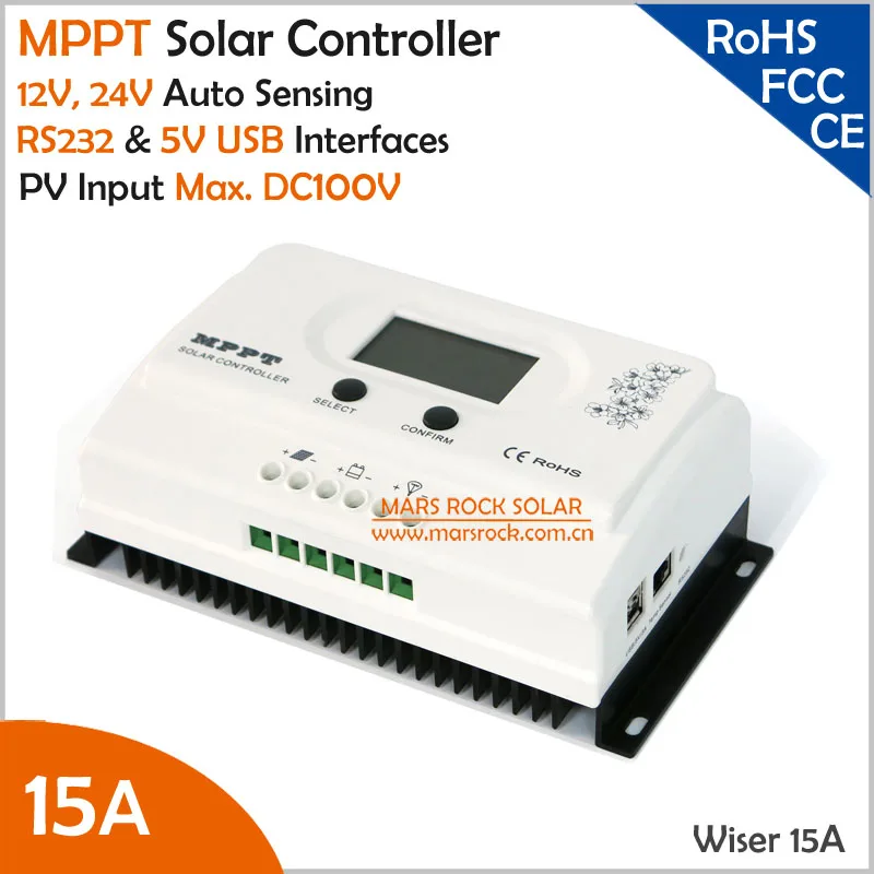 

Wiser 15A MPPT solar charge controller 12V/24V auto recognition Max. DC100V PV input with RS232 and 5V USB interfaces