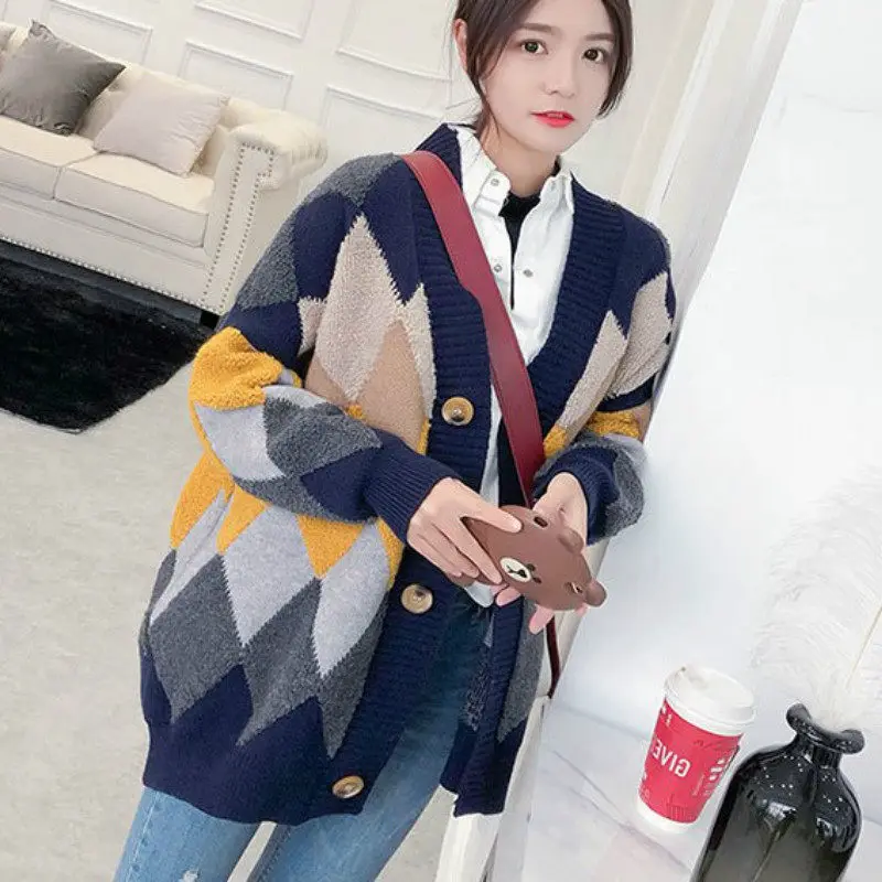 En Mujeres Las V Invierno Cardigan Retro Chaqueta Nuevo Elegante dark Grey Yp115 Blue Y Cuello red Suéter Casual Suelto Grueso 2019 De Cuadros Punto 4wfvqIP