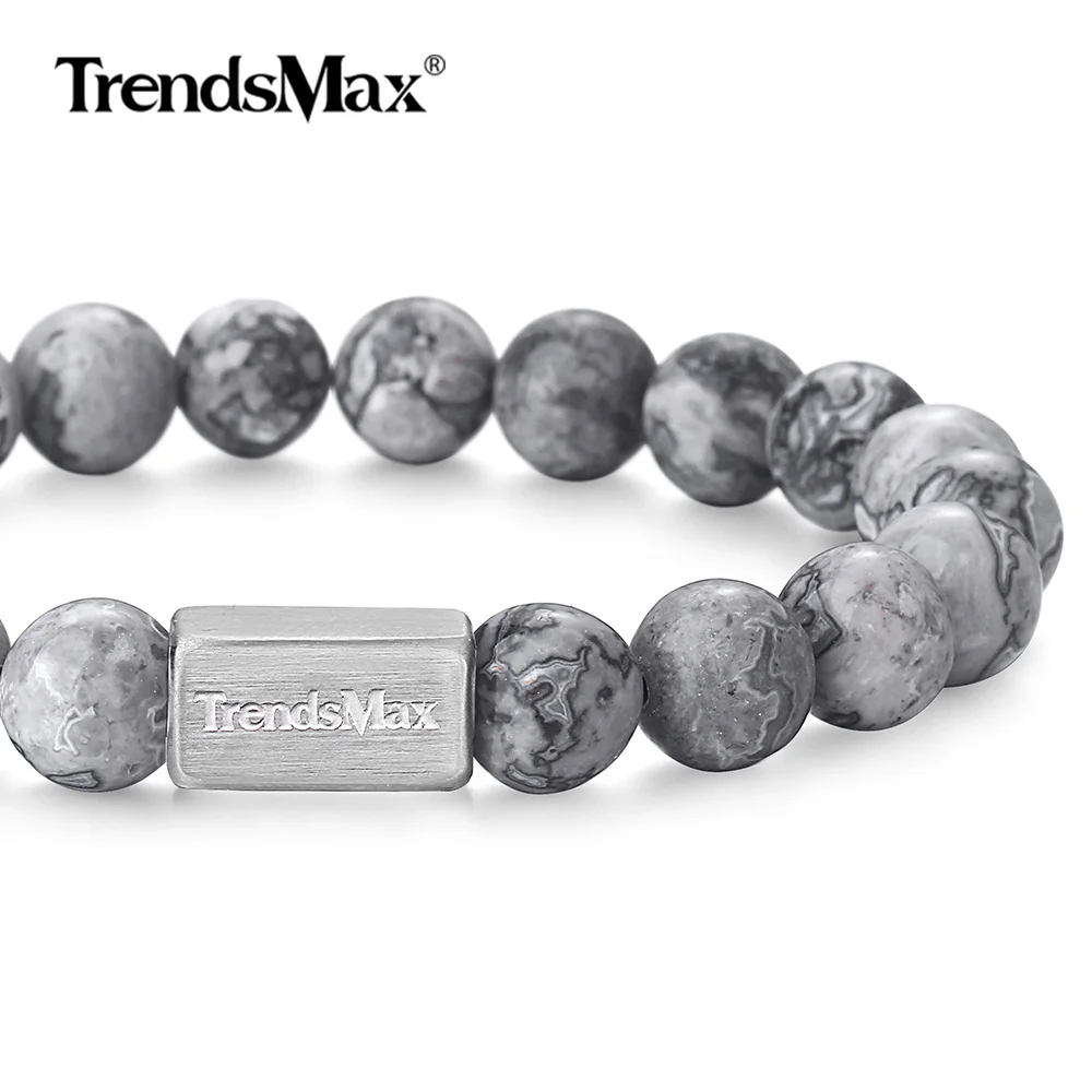 

Natural Grey Jasper Stone Bracelet Mens Womens Semi precious Gem Chain Stainless Steel Stretch Beaded Bracelet Toggle TBB01106
