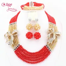 2017 newest Florid red and golden Nigerian Wedding Bride Jewelry Set Gift Costume Jewelry set african beads jewelry set N0057