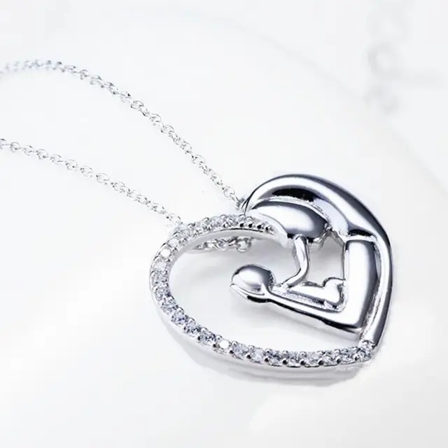 Fashion Hollow Love Heart Mom Pendant Necklace Silver Color Jewelry Zircon Gifts Necklace For Mother 5