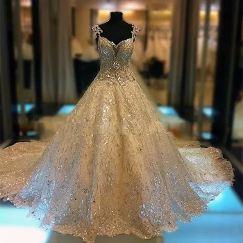 شراءفاخرة جديدة كاب كم طويل فساتين زفاف 2018 الحبيب القطار الملكي الديكور كريستال تول أثواب الزفاف Vestido دي Noiva