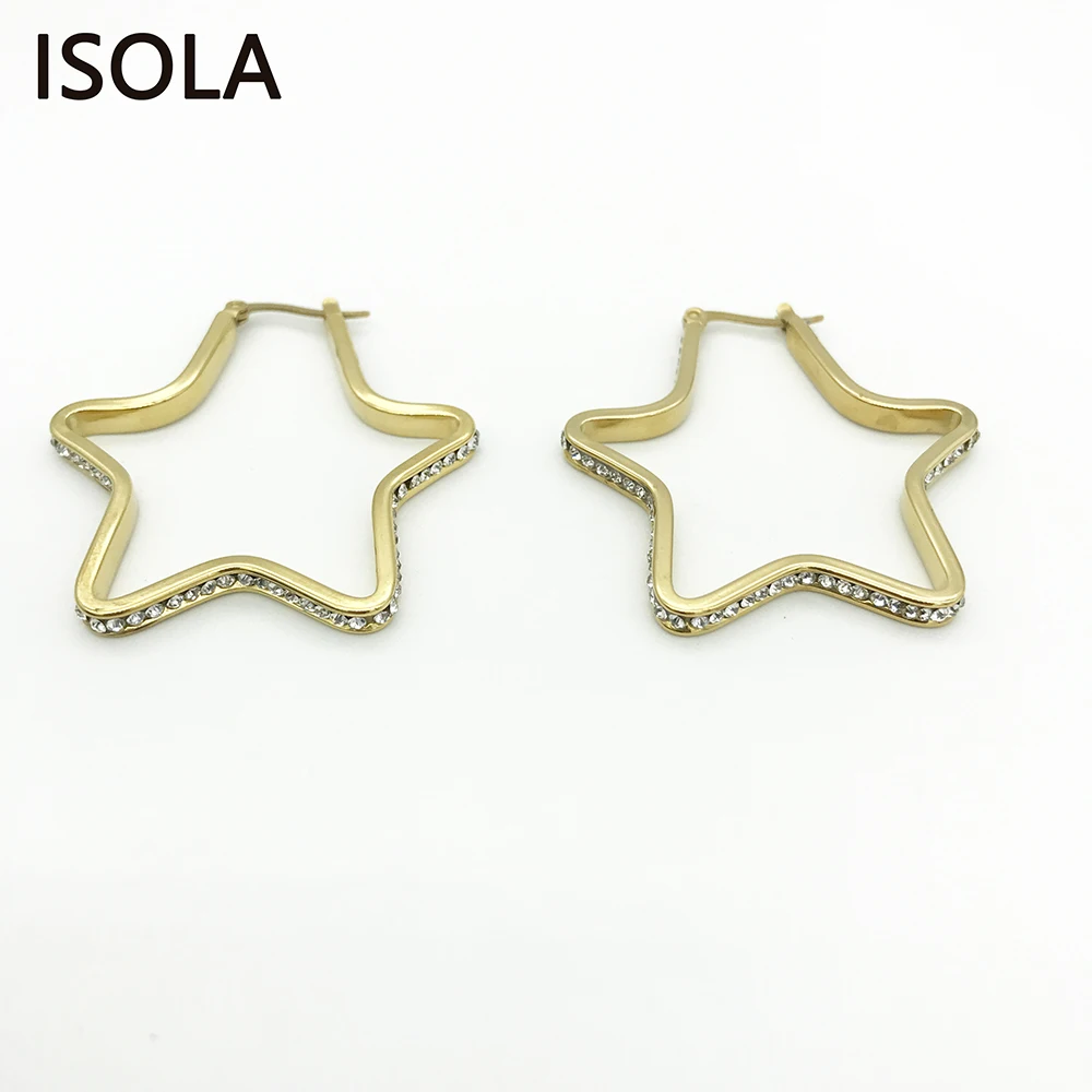 

ISOLA Top Quality Titanium Steel Star Shape Surrounded By Shining Rhinestone Hoop Earrings Shiny Statement Star Hoop Earring
