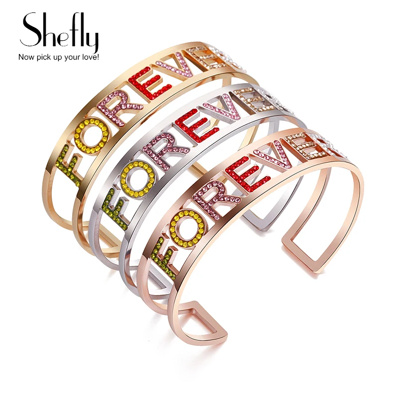 

Luxury Stainless Steel Open Cuff Gold Bracelets Bangles For Women Jewelry Colorful Crystal Set on "FOREVER" Letters Banlge 2019