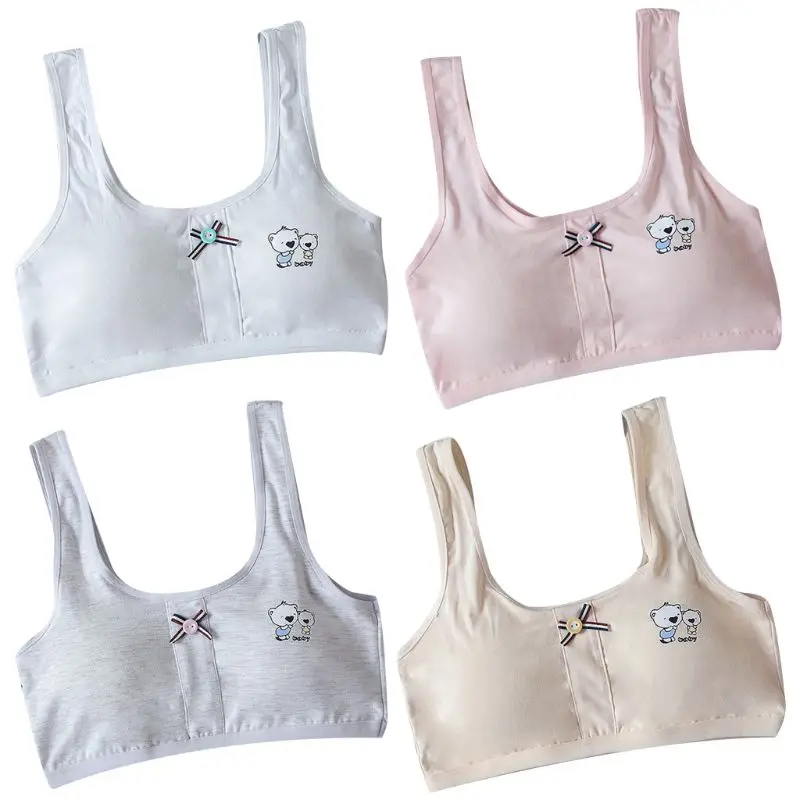 

Teenage Girl Striped Button Bowknot Sport Training Bra Wide Strap Underwear Cute Cartoon Bear Print Bralette Wireless Vest 8-16T