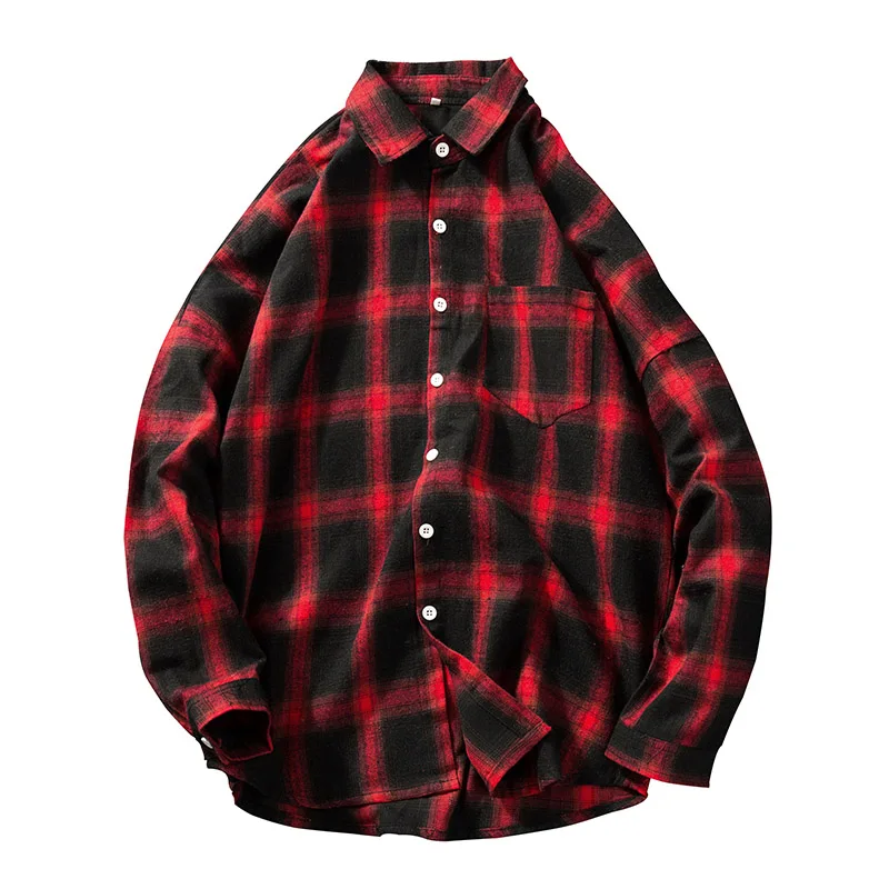 Мужские повседневные клетчатые рубашки из хлопка с карманами и длинным рукавом, удобная фланелевая рубашка с начесом для отдыха, топы, рубашки - Цвет: Красный