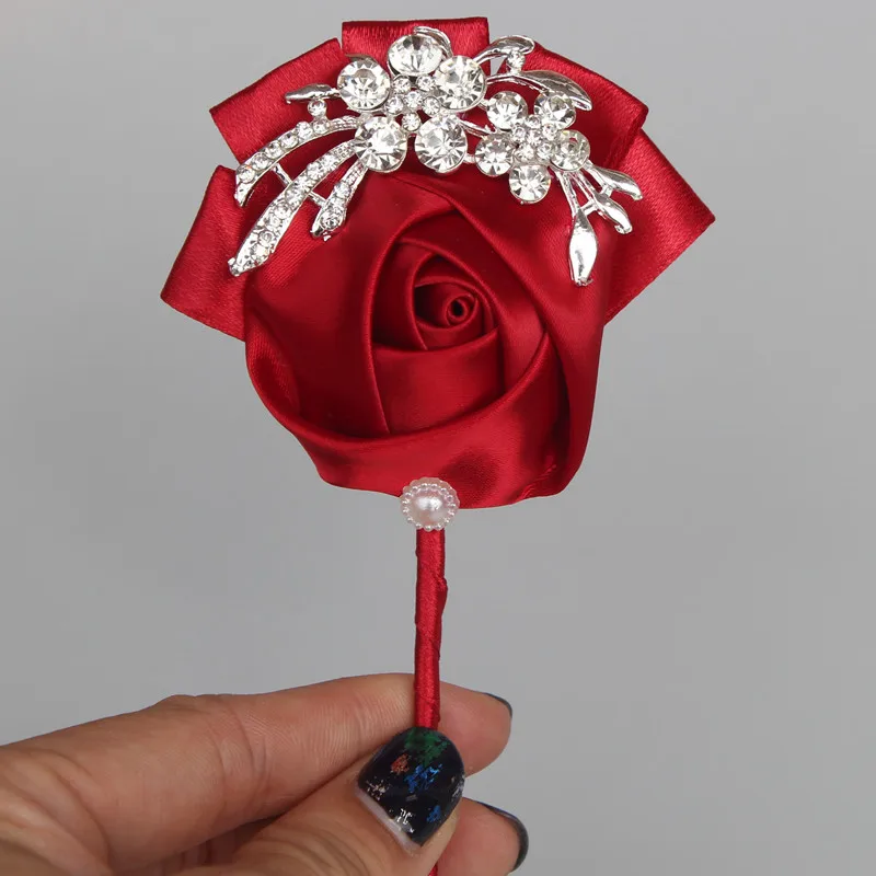 Бургундия атласная роза Свадебный корсаж для жениха бутоньерка DIY кристалл брошь свадебное украшение невесты best для человека XH001-4 - Цвет: wine red