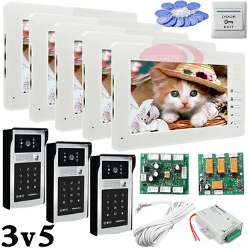 

Apartment 3 Doors HD 700lines Cameras Password And RFID Cards Unlock 5 Color 7" Monitors Video Intercom System Bells Door phones