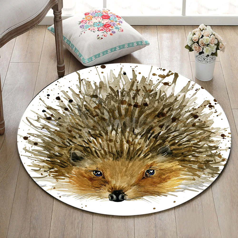 

LB Watercolor Lovely Hedgehog Home Round Living Room Floor Carpet Kids's Bedroom Doormat Kitchen Area Rugs Bathroom Non-slip Mat