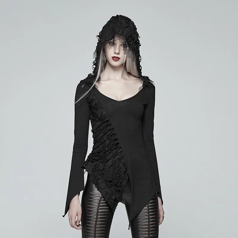 Punk Rave Women T-shirt Gothic Casual Dark Retro Cotton Hooded Asymmetric Long Sleeve Streetwear Tops for Women