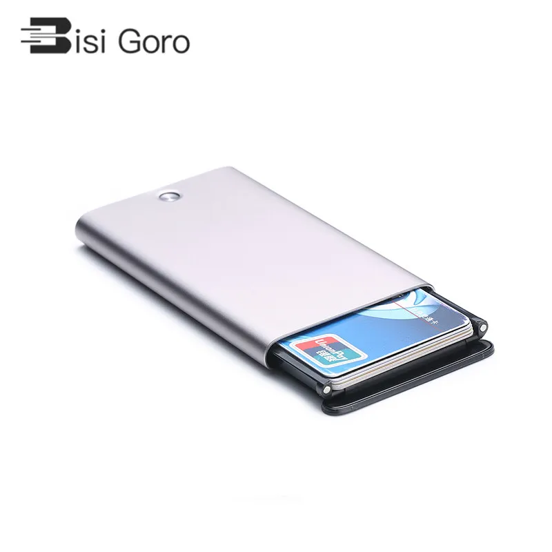 

BISI GORO 2019 Women Sliver Gray Short Purse Wallet for Men and Women Simple New Metal Business Card Holder Creative Card Wallet