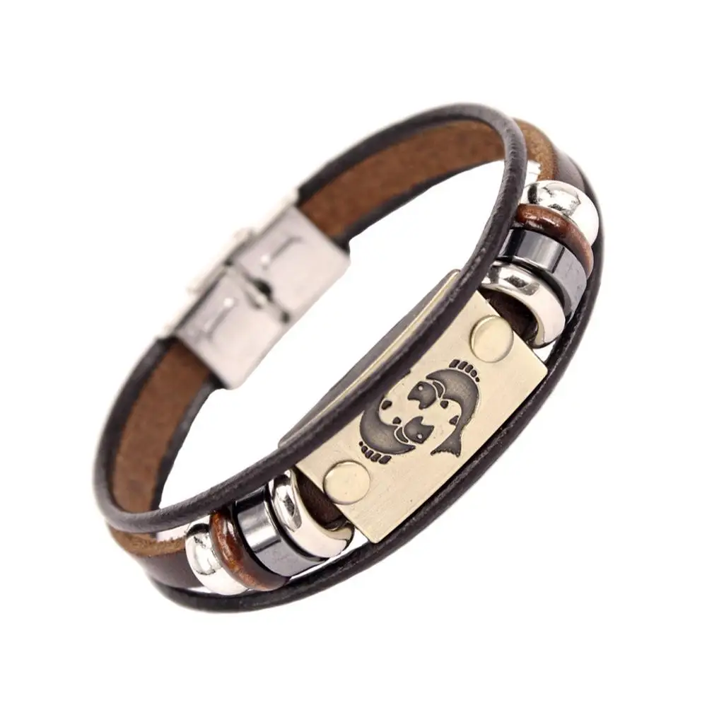 Miss JQ 12 созвездий браслет из нержавеющей стали для мужчин Панк Винтаж Натуральная кожа пара браслеты и браслет Шарм ювелирные изделия - Окраска металла: SL418-Pisces